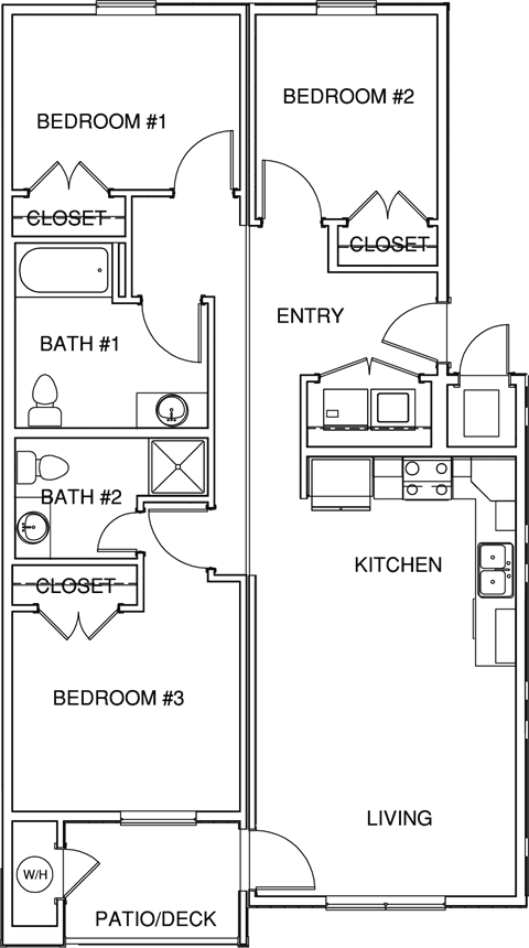 Floor plan for 2 beds, 1 bath, 877 sqft